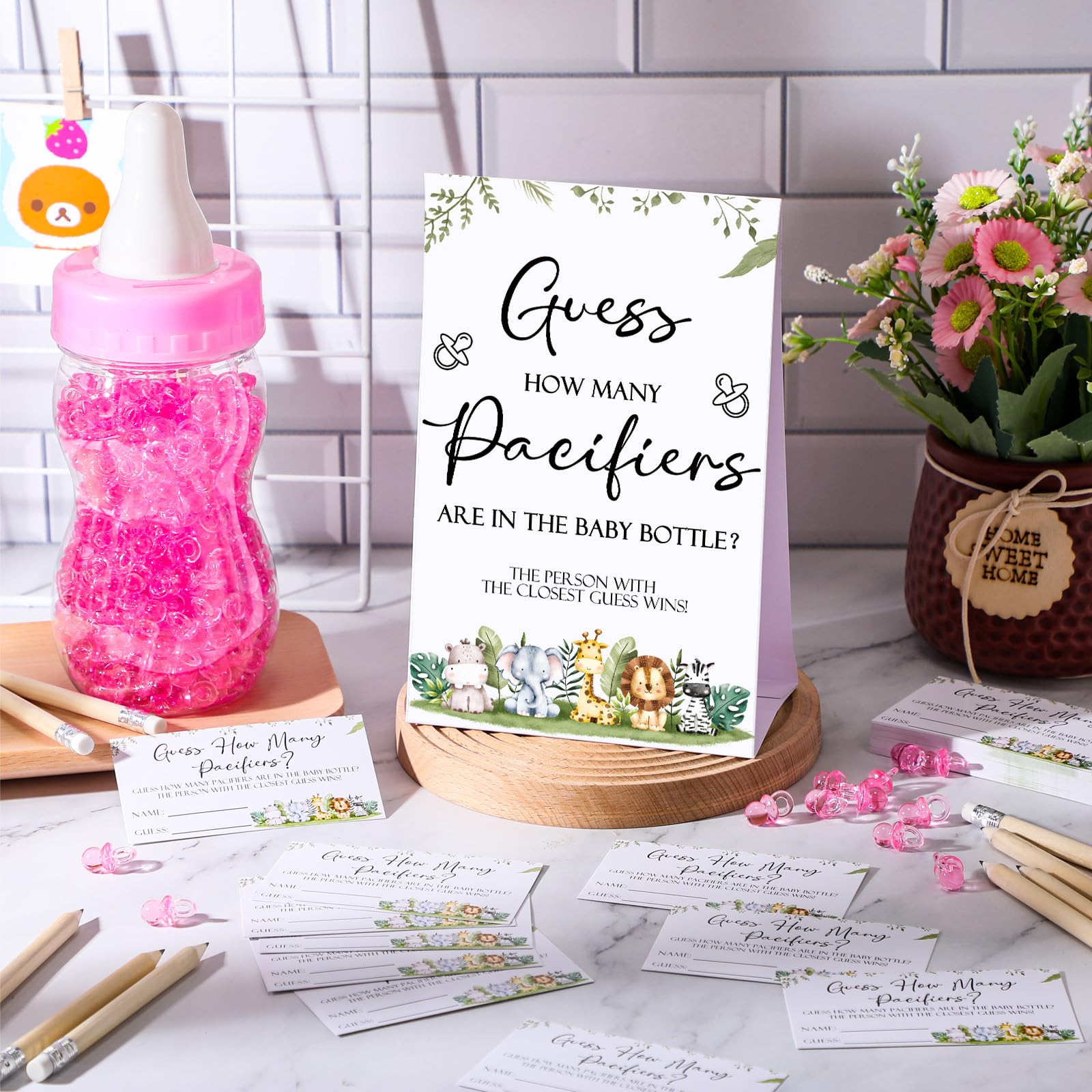 Roowest 512 Pcs Baby Shower Games Guess How Many Pacifiers Greenery Game Sign 100 Small Guessing Games 10 Hb Pencils 750Ml Milk